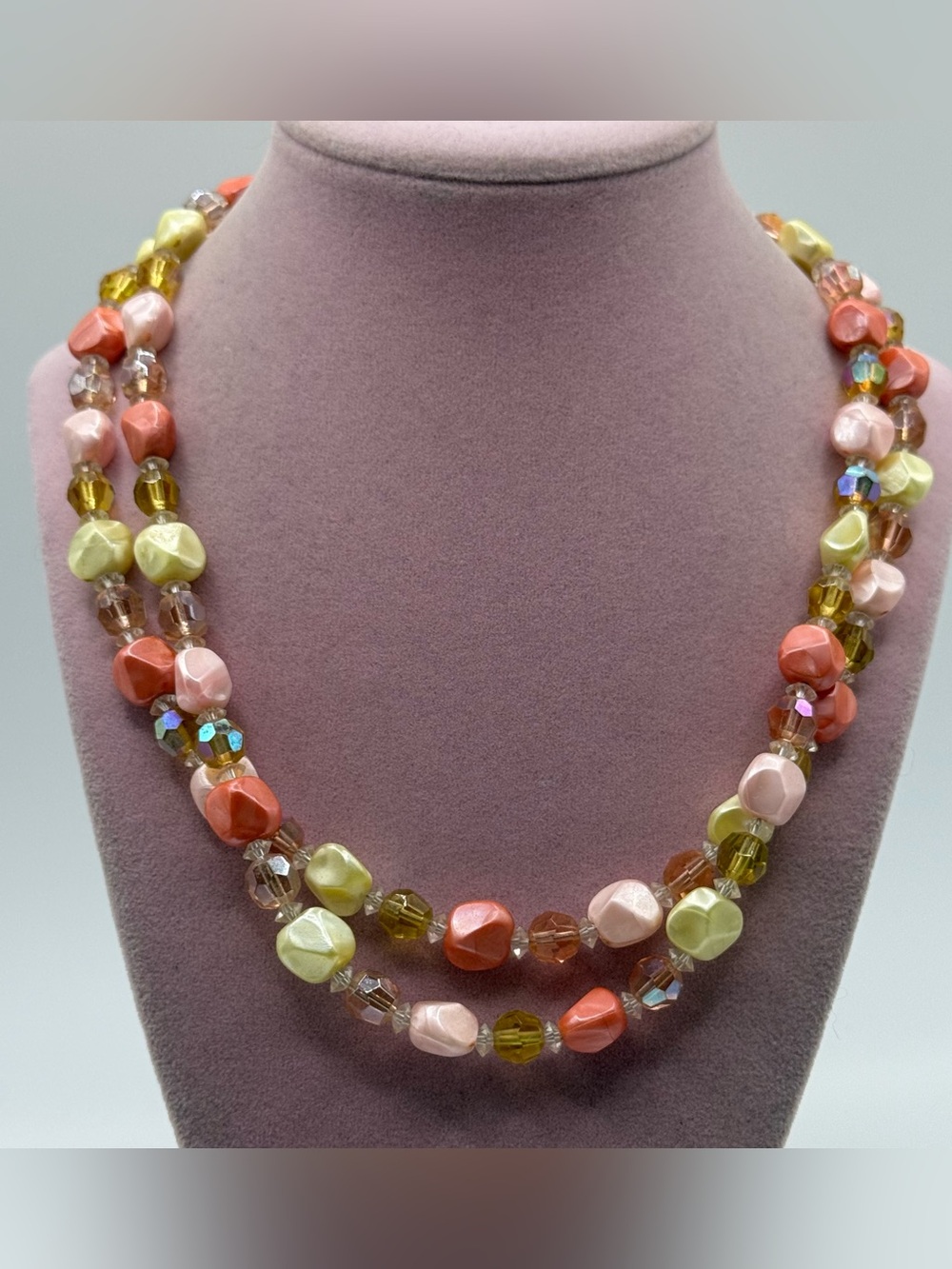 vintage Pastel Multi-Strand Bead Necklace - Pink, Coral & Olive Tones